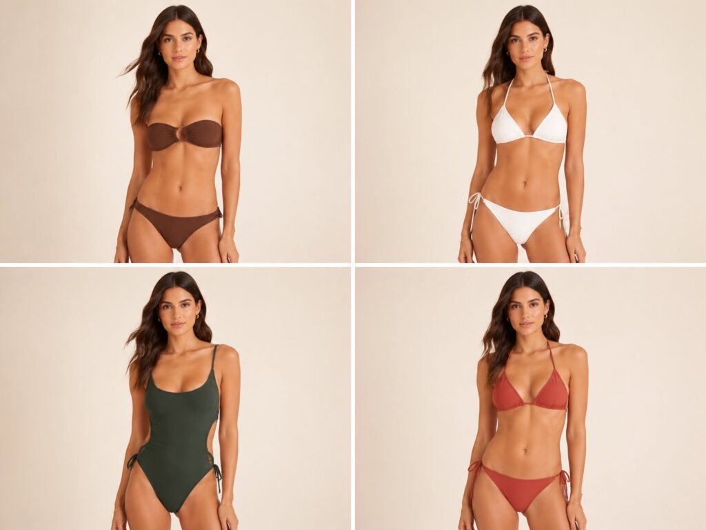 Product catalog grid showing consistent model across four different bikini styles generated by a bikini AI generator