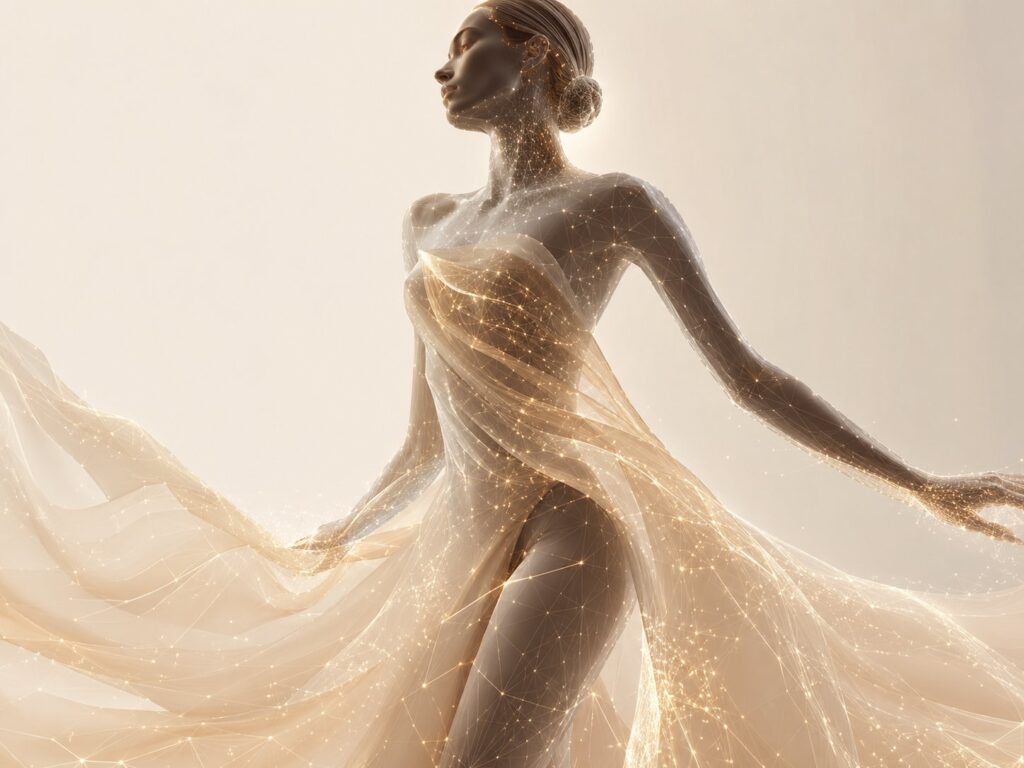 Abstract visualization of AI garment mapping technology showing luminous fabric particles wrapping digital human silhouette