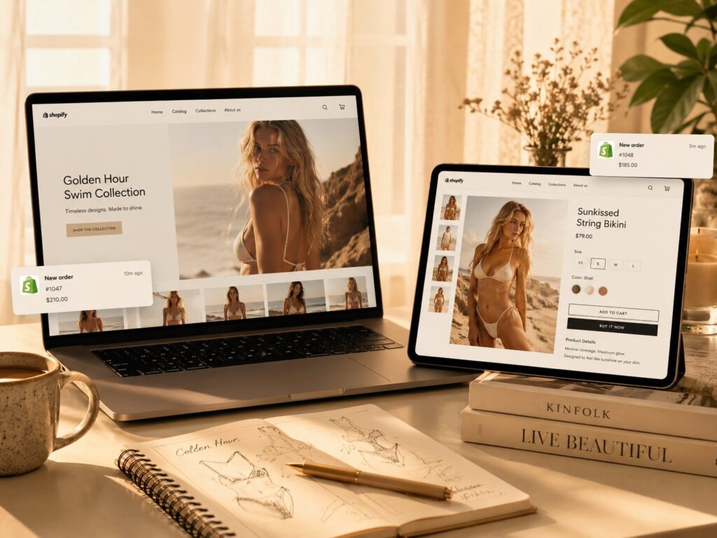 Laptop and tablet displaying live Shopify product page with AI-generated bikini photos and order notifications
