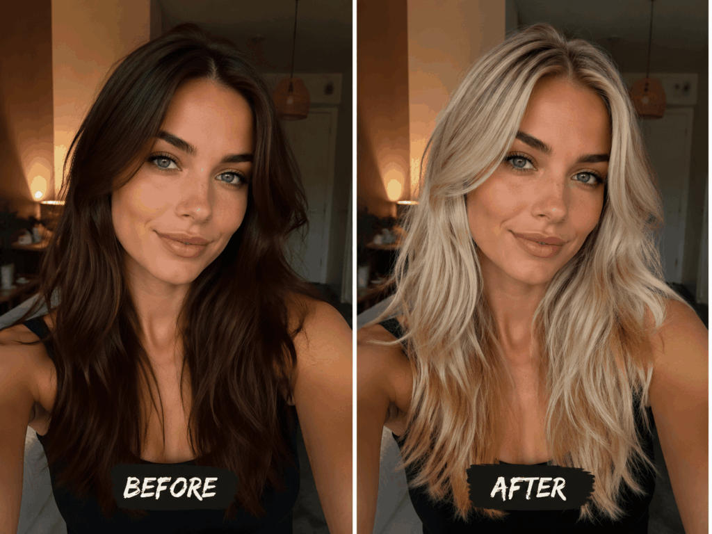 Before and after virtual hair color try on comparison showing brunette to platinum blonde transformation