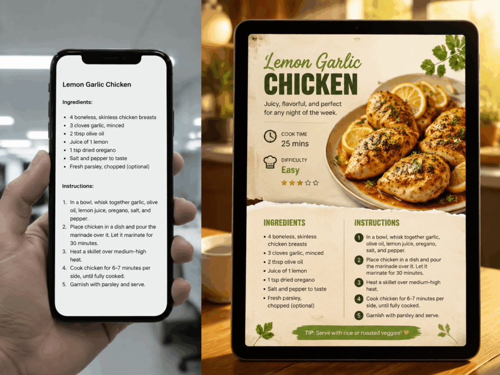 Comparison between text-only AI recipe output and PhotoGPT visual recipe card showing the same chicken dish