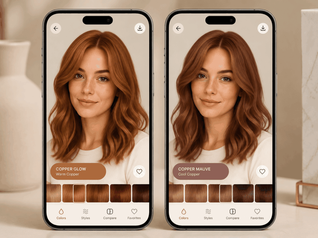 Side by side virtual hair color try on comparison of two tools showing subtle copper auburn tone differences
