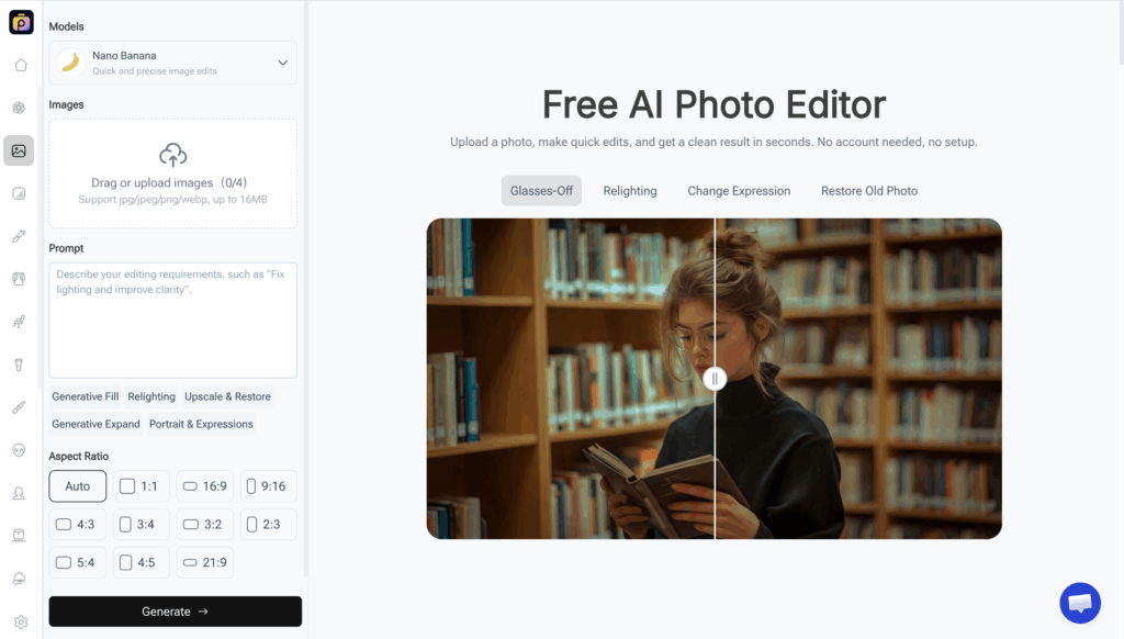 PhotoGPT AI photo editor interface — upload image, type edit instructions, no sign-up required