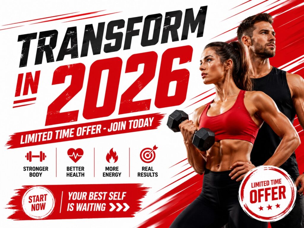 Transform in 2026 fitness promotion poster — bold red and white athletic design
