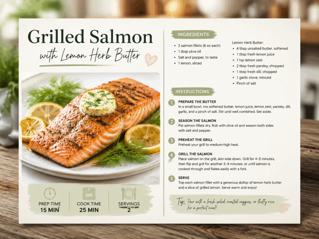 Visual recipe card from PhotoGPT AI recipe generator showing grilled salmon with ingredients, prep time, and step-by-step instructions in a Pinterest-style layout