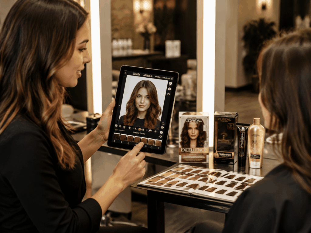 L'Oréal My Hair virtual hair color try on in professional salon setting with stylist and tablet preview