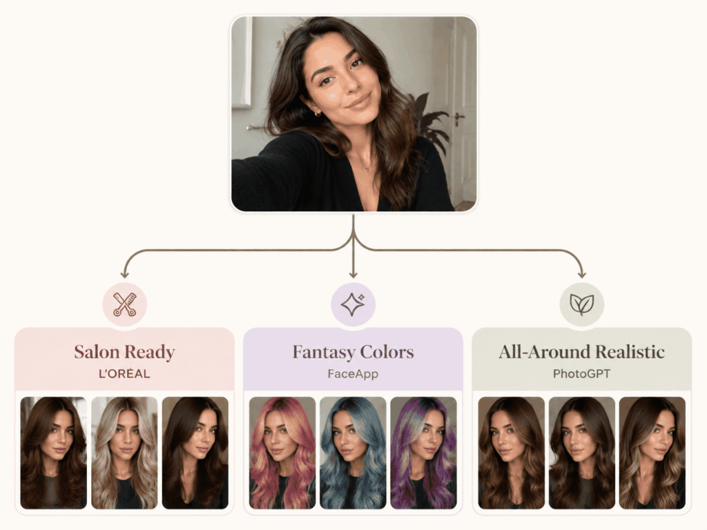 Virtual hair color try on decision flowchart showing three paths: salon ready with L'Oréal, fantasy colors with FaceApp, all-around realistic with AI Hair Color Changer