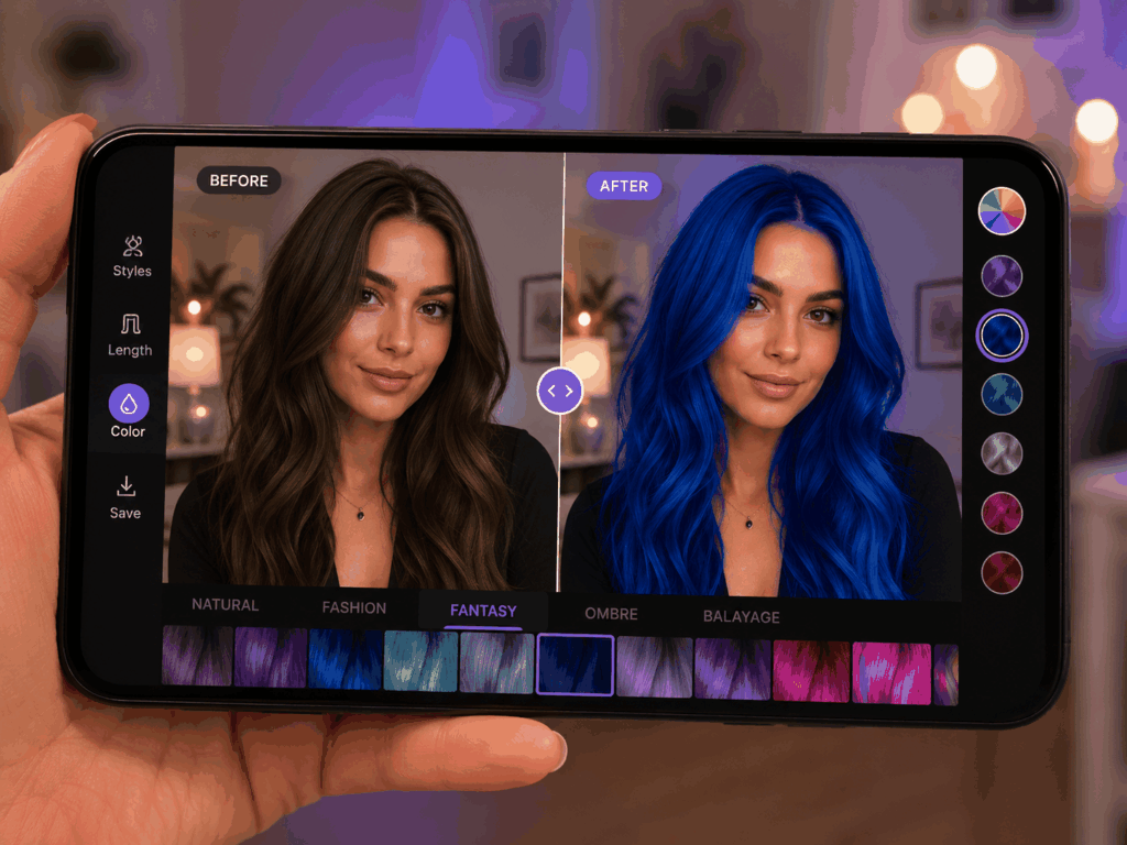 FaceApp virtual hair color try on dramatic transformation showing natural brown to electric blue bold fantasy hair color