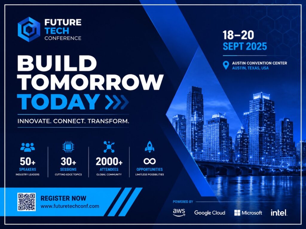 BuildOps 2026 tech conference poster — futuristic blue circuit design with metallic typography