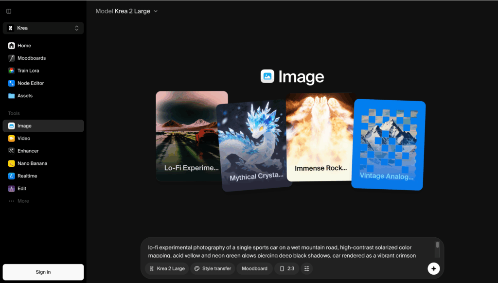 Krea AI creative platform — real-time multi-model AI photo editing with Flux, Nano Banana, and Qwen