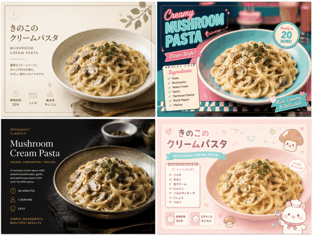 Four different visual recipe card styles from PhotoGPT AI recipe generator — Japanese, Retro, Editorial Cookbook, and Kawaii
