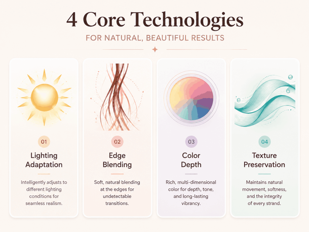 Four dimensions of virtual hair color try on quality: lighting adaptation, edge blending, color depth, texture preservation