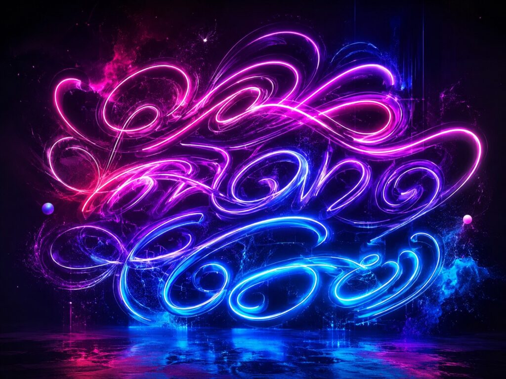 Failed AI poster — beautiful neon glow but headline text is unreadable decorative swirls