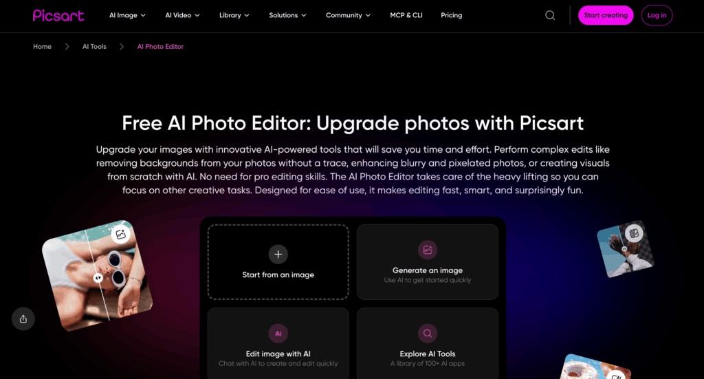 Mobile AI photo editor — Picsart and Remini for social media portrait enhancement on smartphone