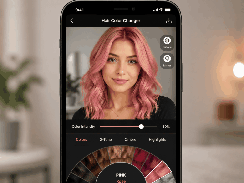 YouCam Makeup virtual hair color try on app interface with color wheel and hair color preview on smartphone screen