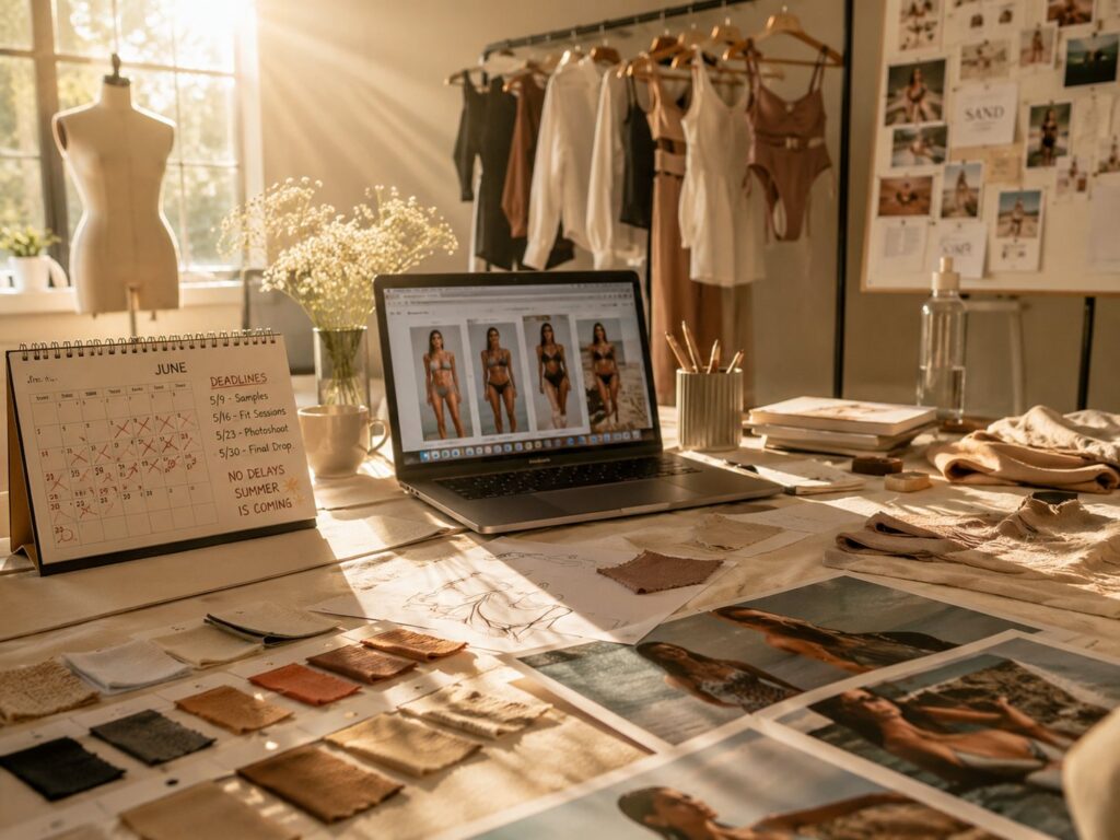 Fashion studio workspace with fabric swatches and laptop displaying swimwear catalog — before using a bikini AI generator