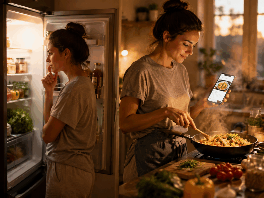 Before and after — from meal planning uncertainty to confident cooking with a PhotoGPT AI-generated visual recipe card