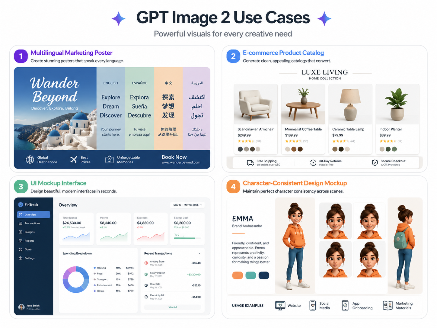 four use case scenarios grid demonstrating GPT Image 2 capabilities for marketing, e-commerce, UI, and design workflows