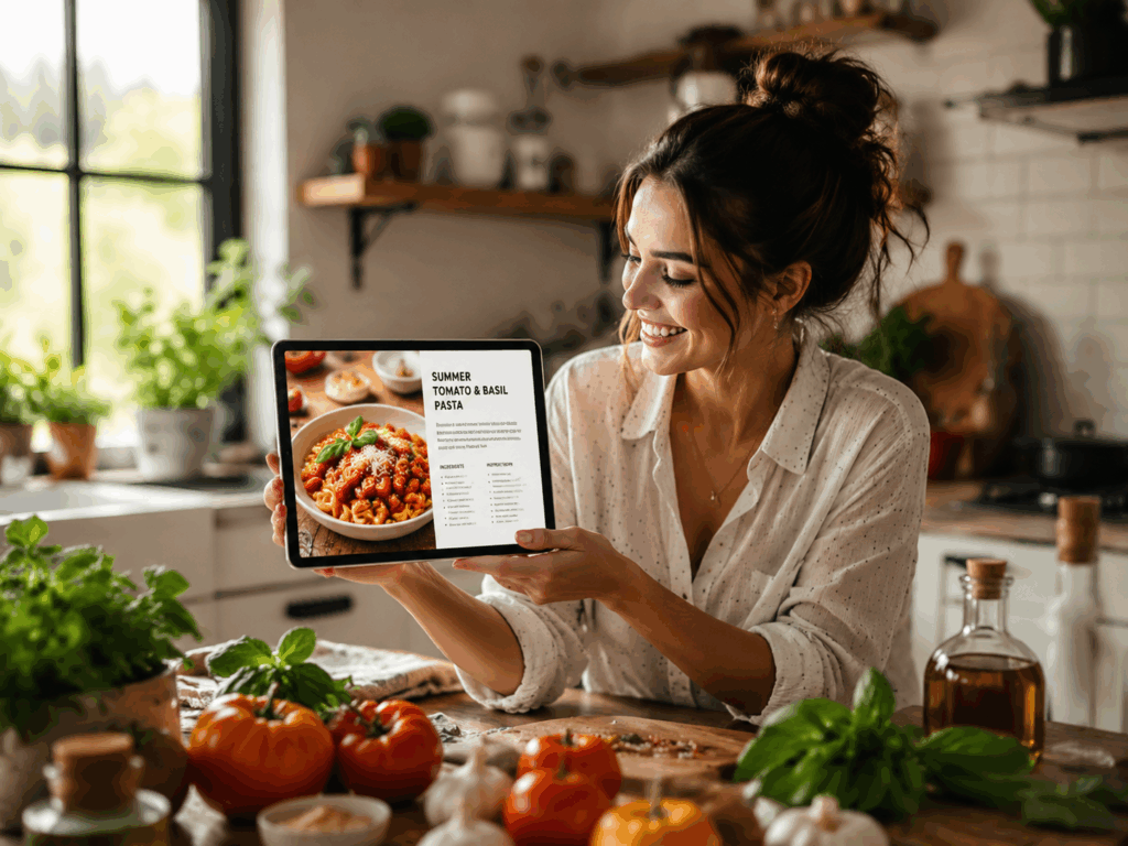 Food blogger using PhotoGPT AI recipe generator on a tablet in a bright kitchen with fresh ingredients nearby