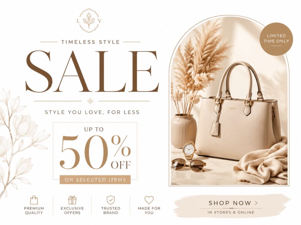 Home Refresh Sale retail promotion poster — warm beige tones with serif typography