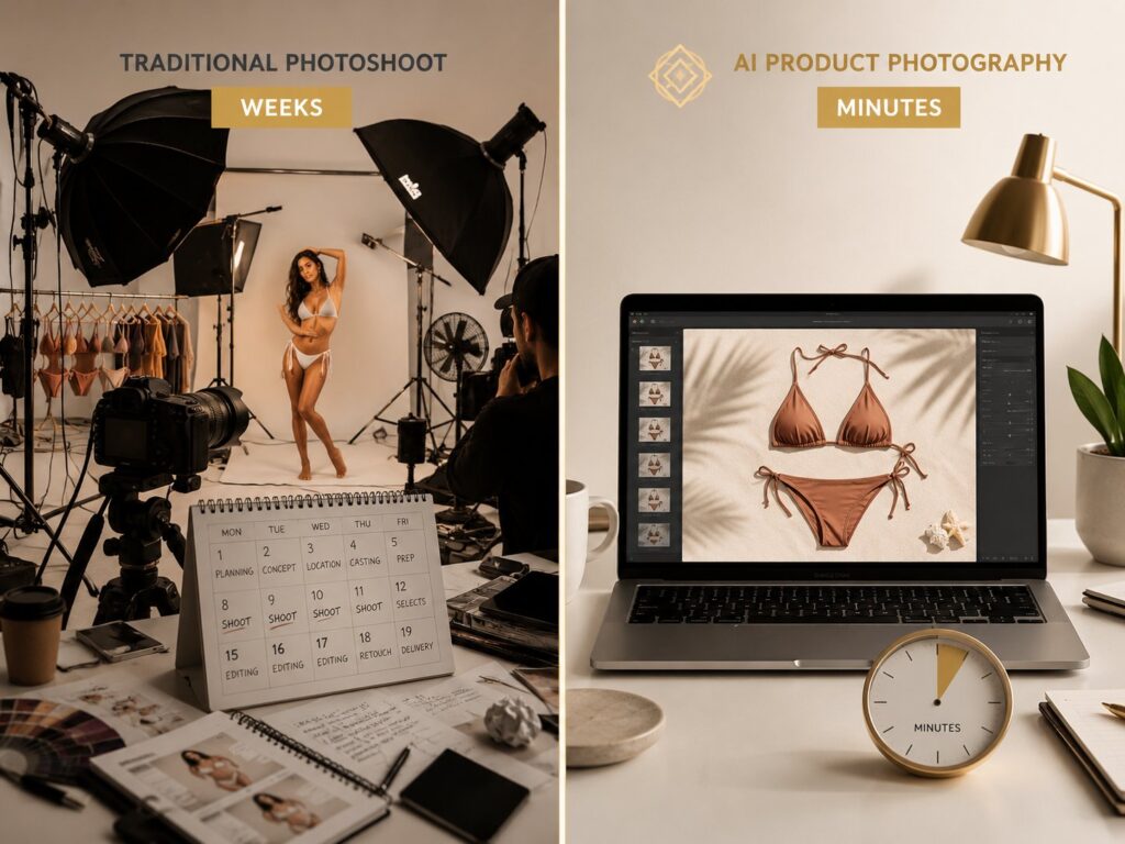 Split comparison of traditional photoshoot setup versus AI bikini generator producing product photo in minutes