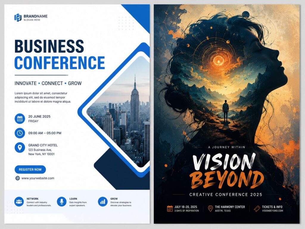 Side-by-side comparison: flat template poster vs unique AI-generated poster art